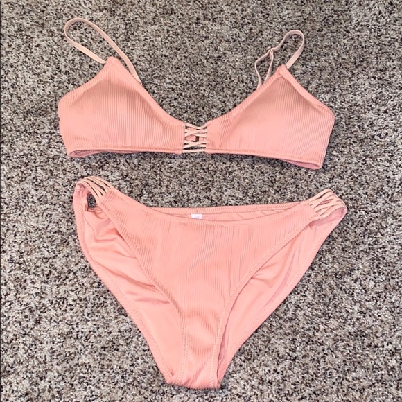 Peach Ribbed Bikini Set - Picture 1 of 4